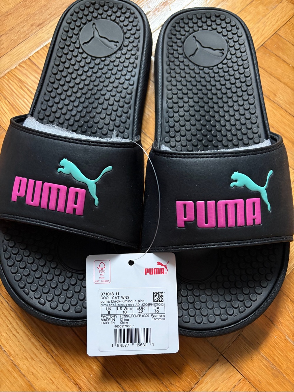 PUMA Cool Cat Slides in Black with Pink & Teal Accents